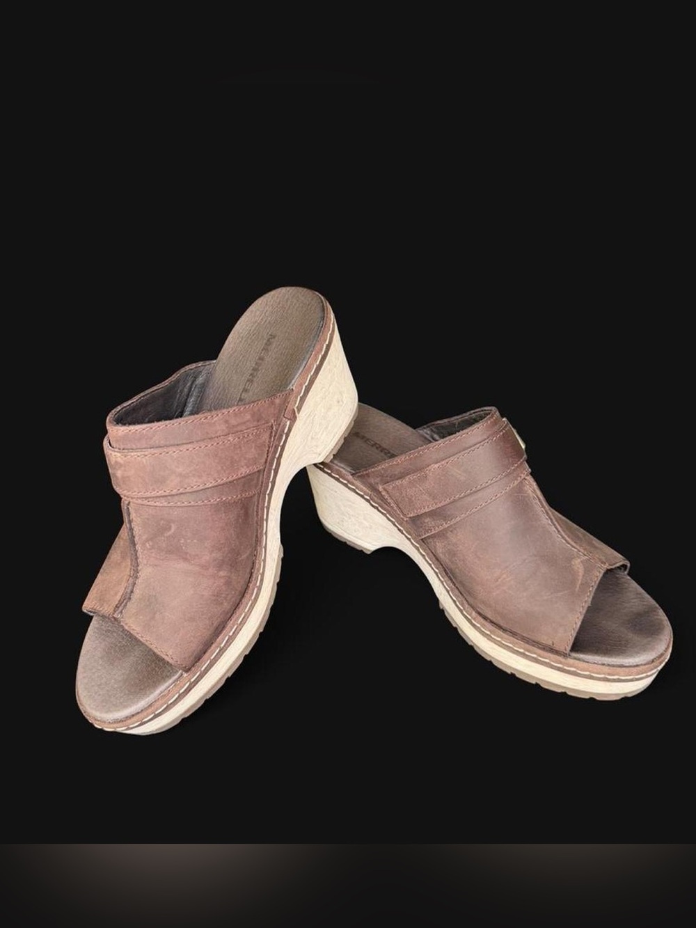 Merrell Brown Leather Slide Wedge Clogs